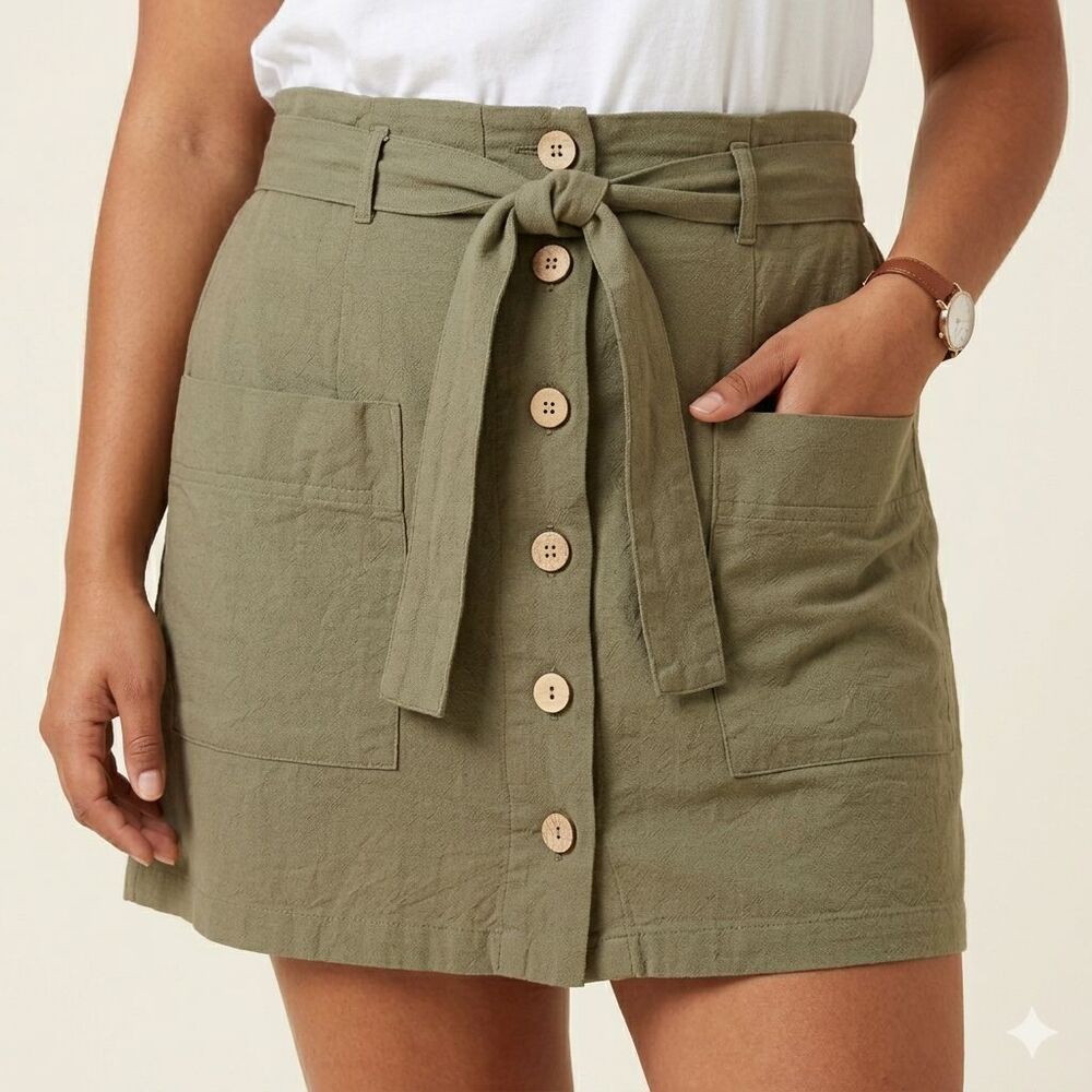 Hesperus Women's Olive Green Button Front A-Line Mini Skirt XL Tie Waist Pockets